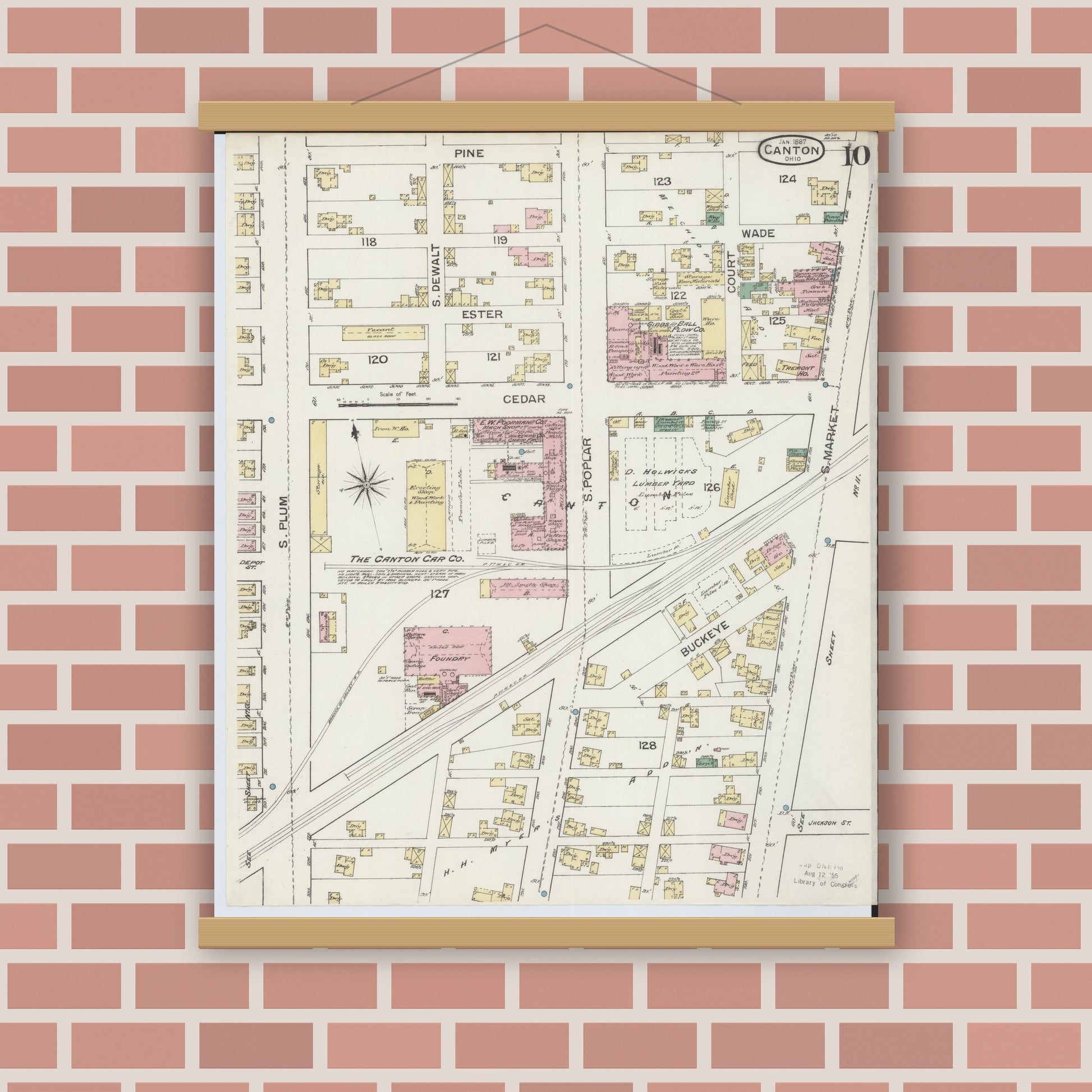 Old map wall art mockup — magnetic wood frame on brick wall — Sanborn Fire Insurance Map from Canton, Stark County, Ohio (1887), Sheet #0010
