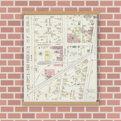 Old map wall art mockup — magnetic wood frame on brick wall — Sanborn Fire Insurance Map from Canton, Stark County, Ohio (1887), Sheet #0010