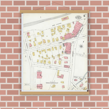 Old map wall art mockup — magnetic wood frame on brick wall — Sanborn Fire Insurance Map from Geneva, Ashtabula County, Ohio (1904), Sheet #0002