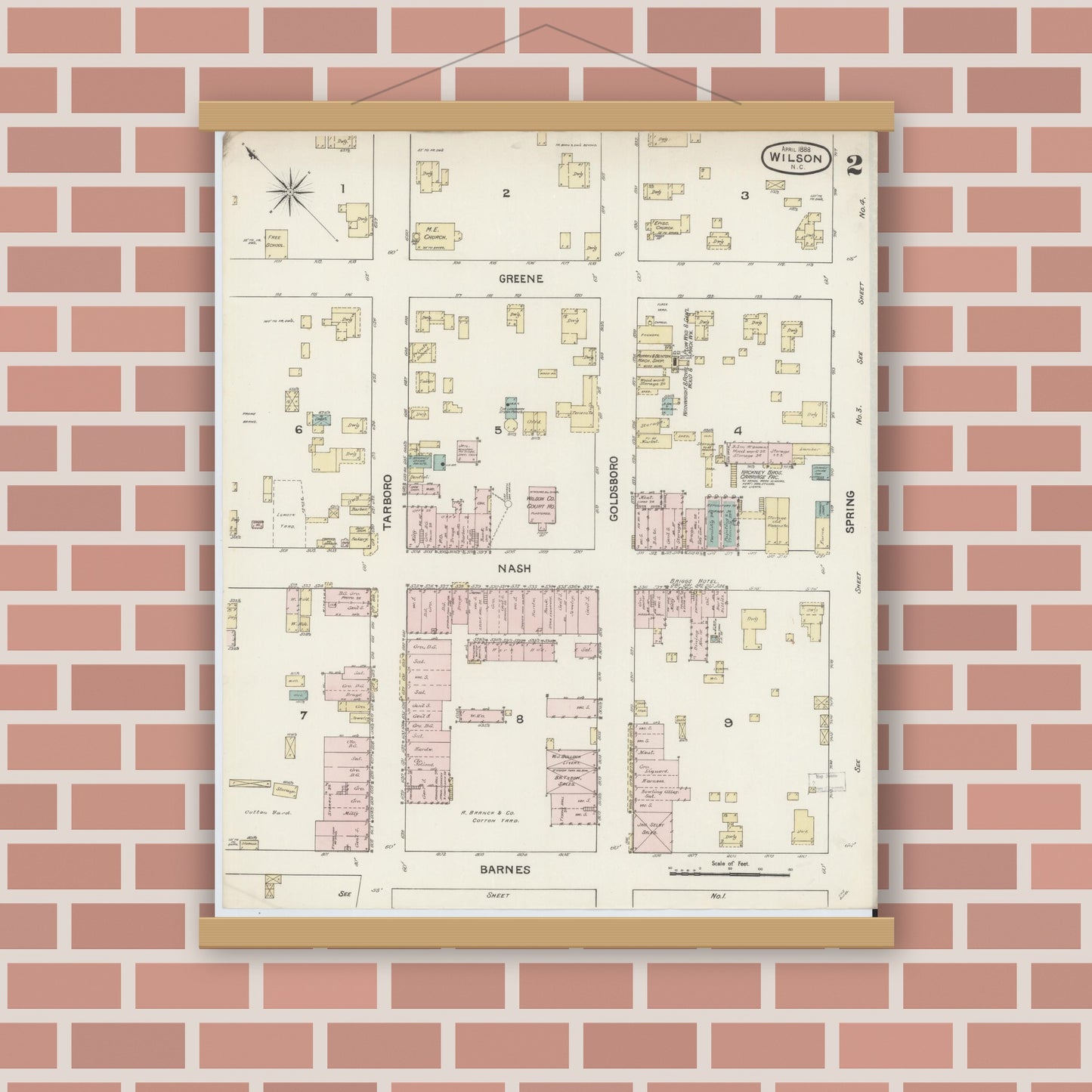 Old map wall art mockup — magnetic wood frame on brick wall — Sanborn Fire Insurance Map from Wilson, Wilson County, North Carolina (1888), Sheet #0002