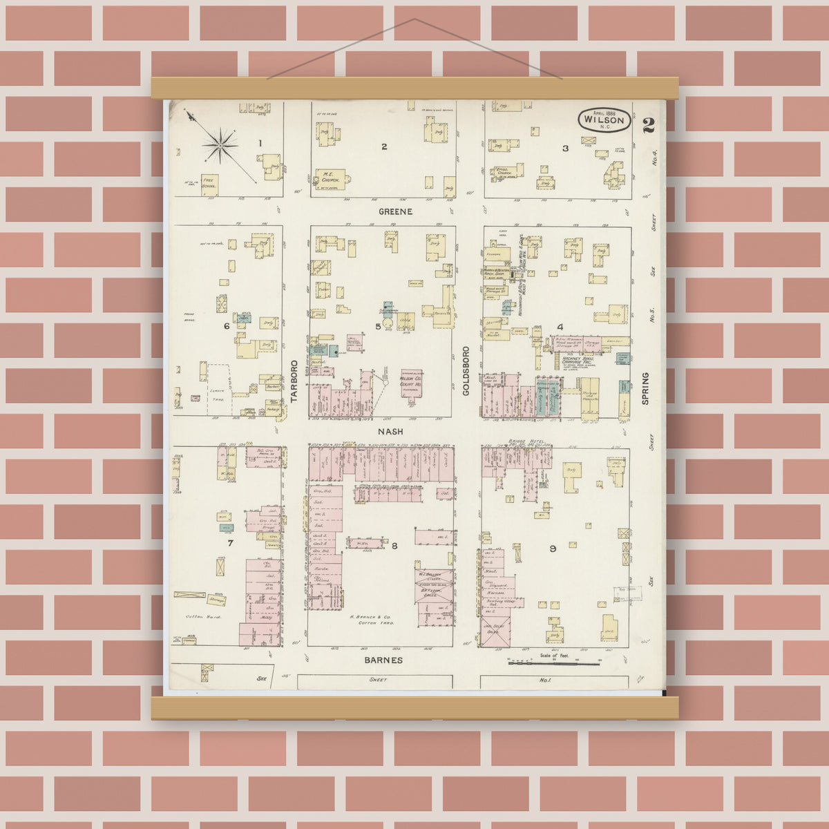 Old map wall art mockup — magnetic wood frame on brick wall — Sanborn Fire Insurance Map from Wilson, Wilson County, North Carolina (1888), Sheet #0002