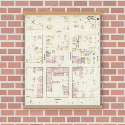 Old map wall art mockup — magnetic wood frame on brick wall — Sanborn Fire Insurance Map from Wilson, Wilson County, North Carolina (1888), Sheet #0002