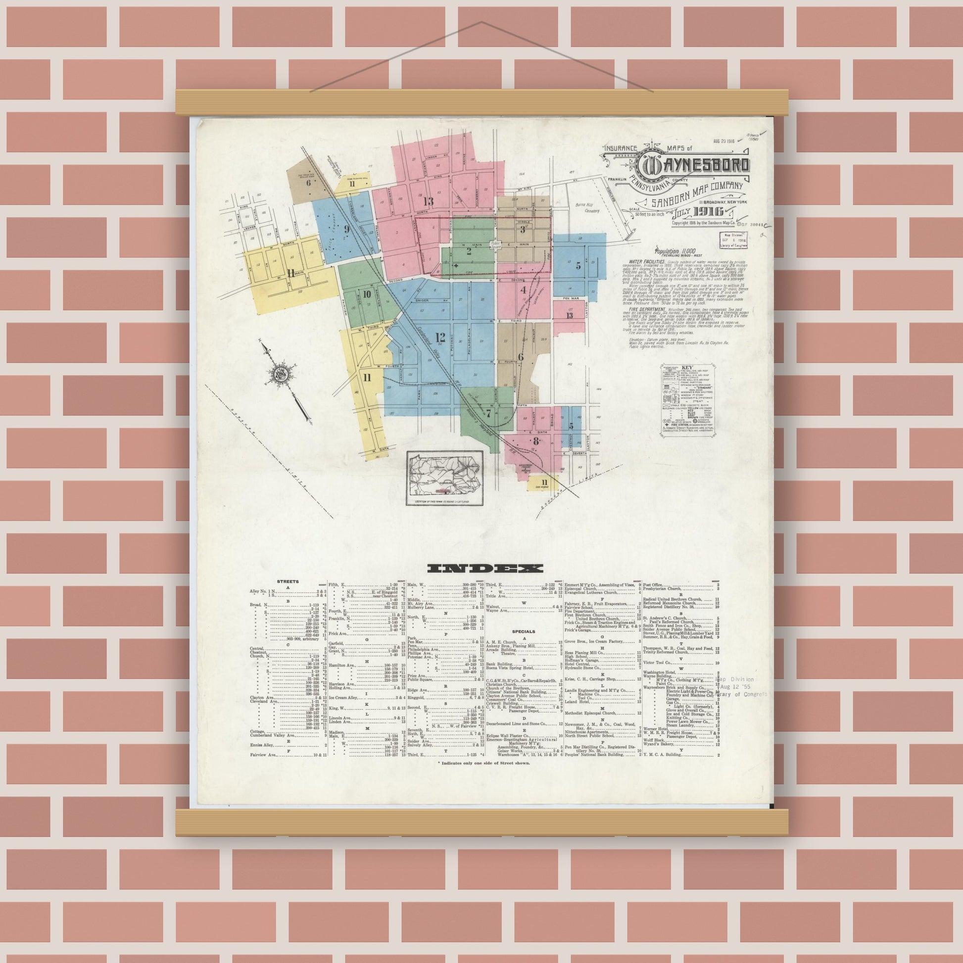 Old map wall art mockup — magnetic wood frame on brick wall — Sanborn Fire Insurance Map from Waynesboro, Franklin County, Pennsylvania (1916) - Complete Map Set