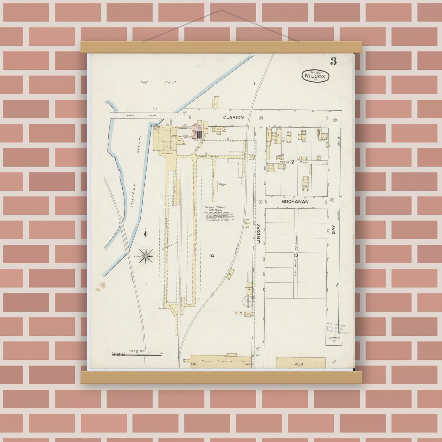 Old map wall art mockup — magnetic wood frame on brick wall — Sanborn Fire Insurance Map from Wilcox, Elk County, Pennsylvania (1887), Sheet #0003