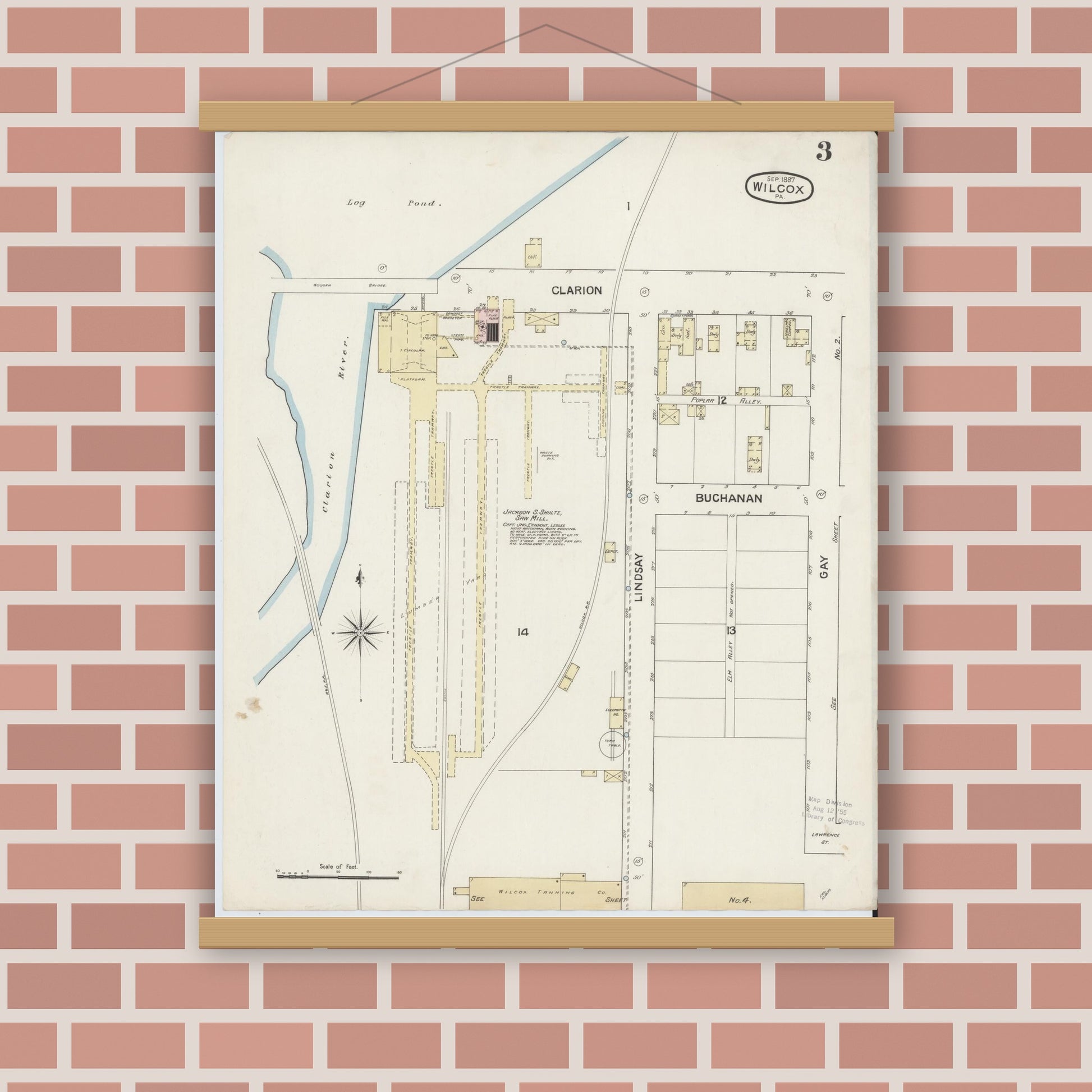 Old map wall art mockup — magnetic wood frame on brick wall — Sanborn Fire Insurance Map from Wilcox, Elk County, Pennsylvania (1887), Sheet #0003