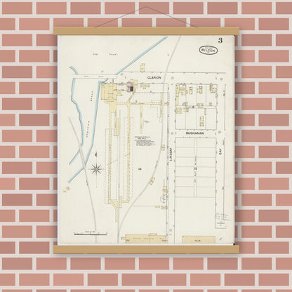 Old map wall art mockup — magnetic wood frame on brick wall — Sanborn Fire Insurance Map from Wilcox, Elk County, Pennsylvania (1887), Sheet #0003