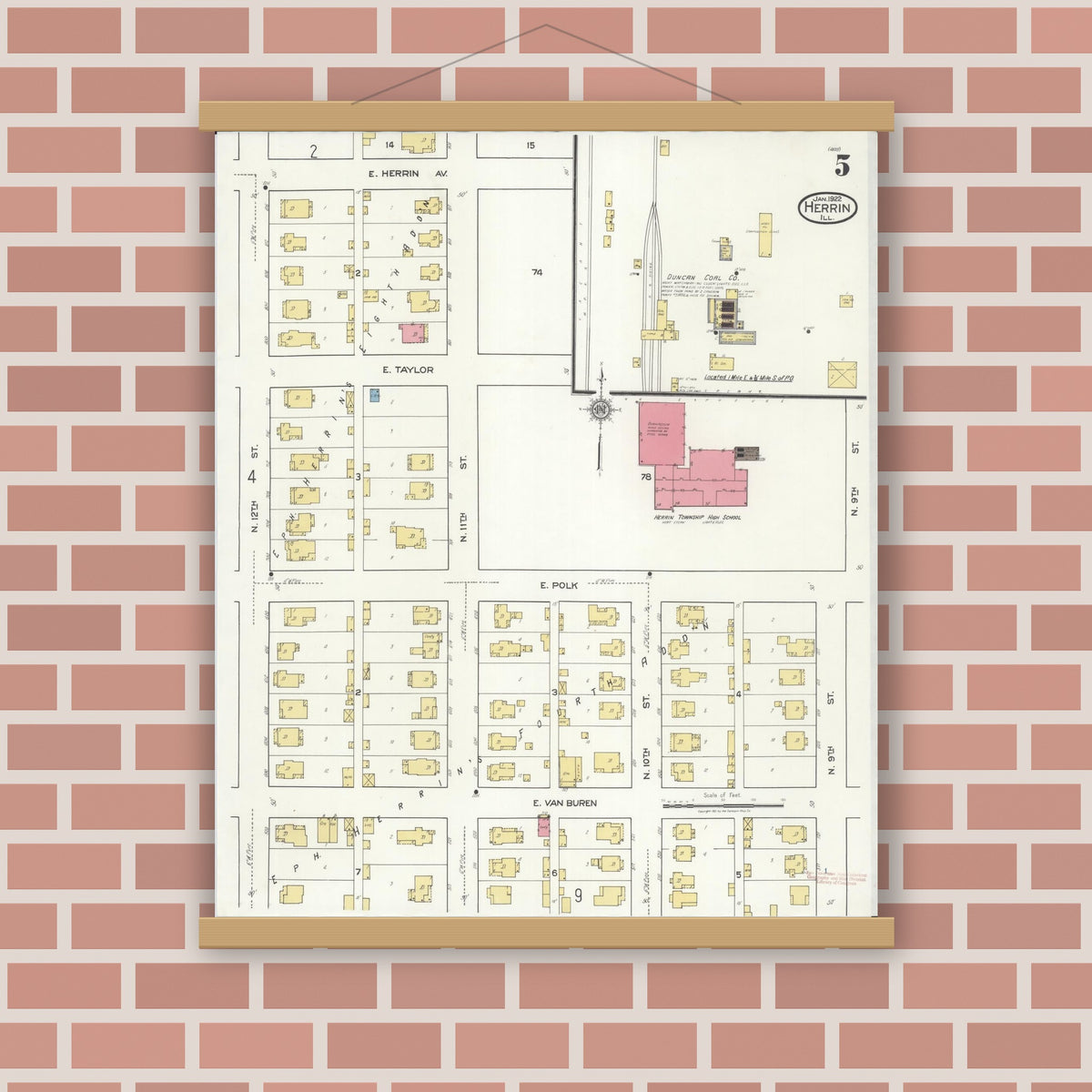 Old map wall art mockup — magnetic wood frame on brick wall — Sanborn Fire Insurance Map from Herrin, Williamson County, Illinois (1922), Sheet #0005