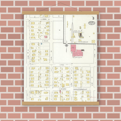 Old map wall art mockup — magnetic wood frame on brick wall — Sanborn Fire Insurance Map from Herrin, Williamson County, Illinois (1922), Sheet #0005