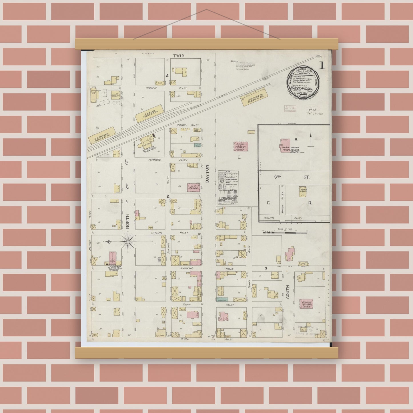 Old map wall art mockup — magnetic wood frame on brick wall — Sanborn Fire Insurance Map from West Alexandria, Preble County, Ohio (1892), Sheet #0001