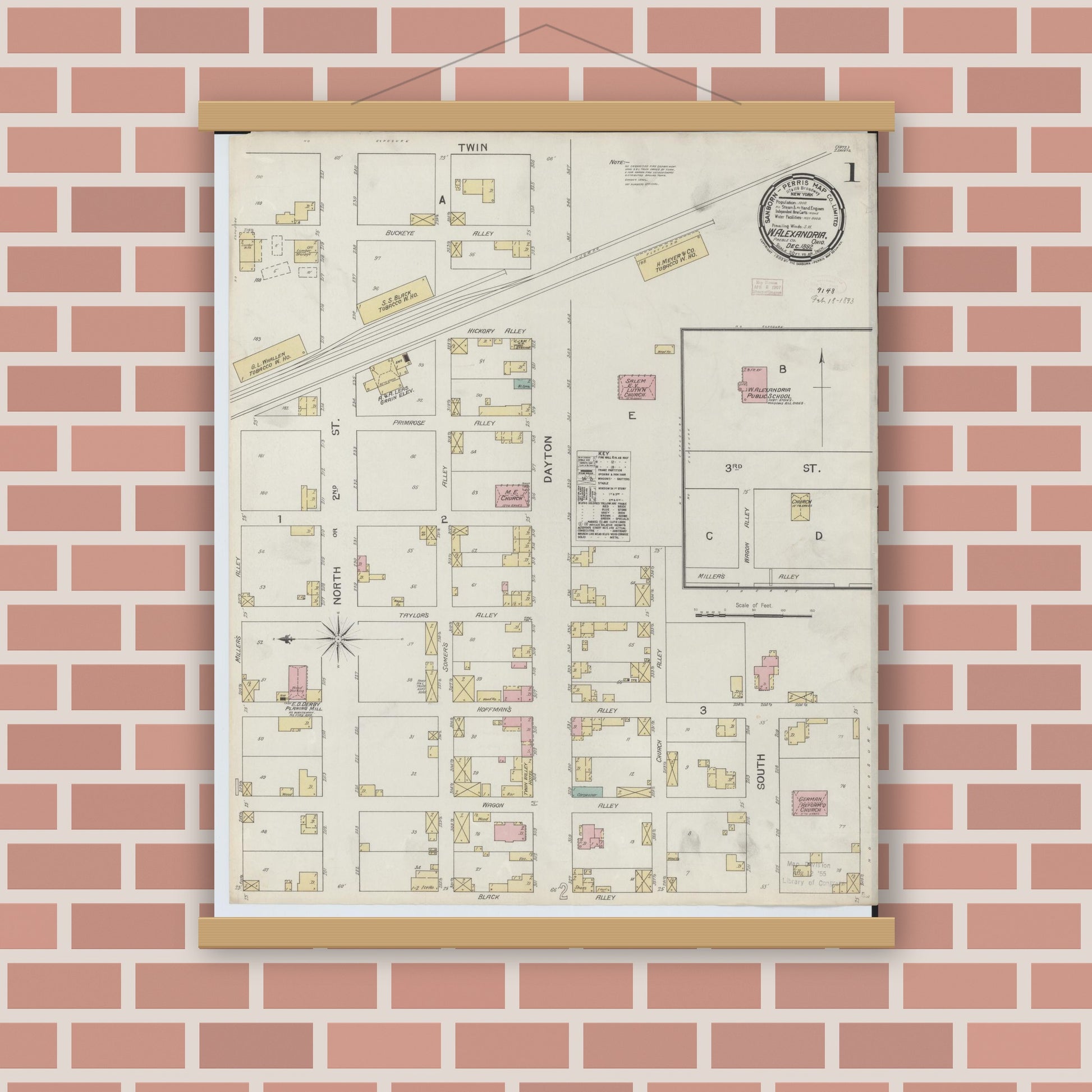 Old map wall art mockup — magnetic wood frame on brick wall — Sanborn Fire Insurance Map from West Alexandria, Preble County, Ohio (1892), Sheet #0001
