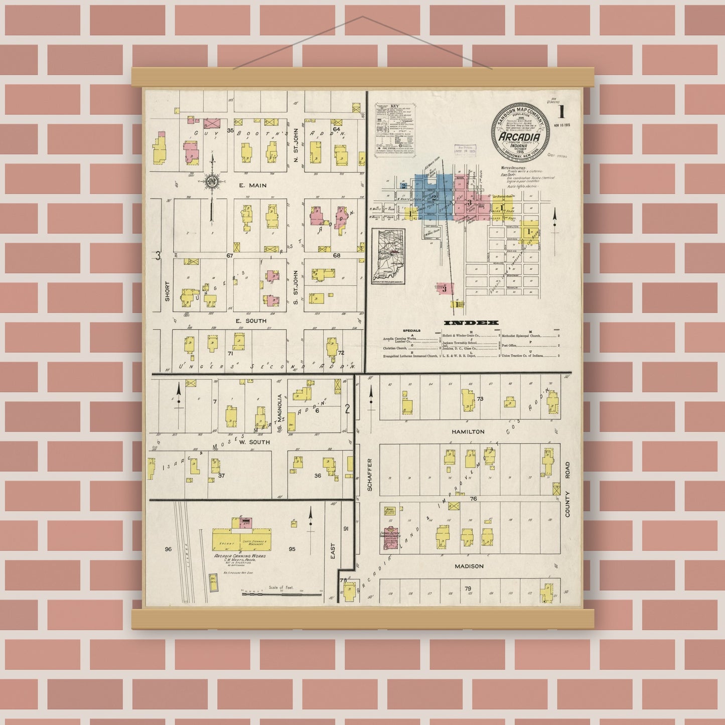 Old map wall art mockup — magnetic wood frame on brick wall — Sanborn Fire Insurance Map from Arcadia, Hamilton County, Indiana (1915), Sheet #0001