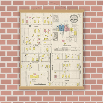 Old map wall art mockup — magnetic wood frame on brick wall — Sanborn Fire Insurance Map from Arcadia, Hamilton County, Indiana (1915), Sheet #0001