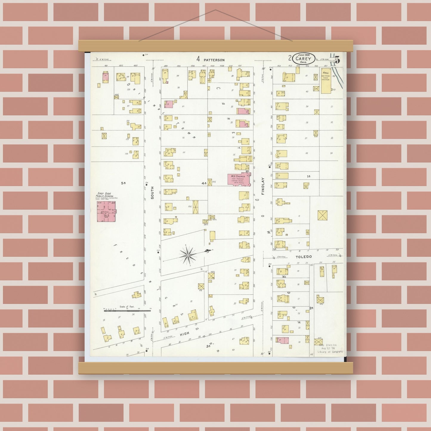 Old map wall art mockup — magnetic wood frame on brick wall — Sanborn Fire Insurance Map from Carey, Wyandot County, Ohio (1908), Sheet #0005