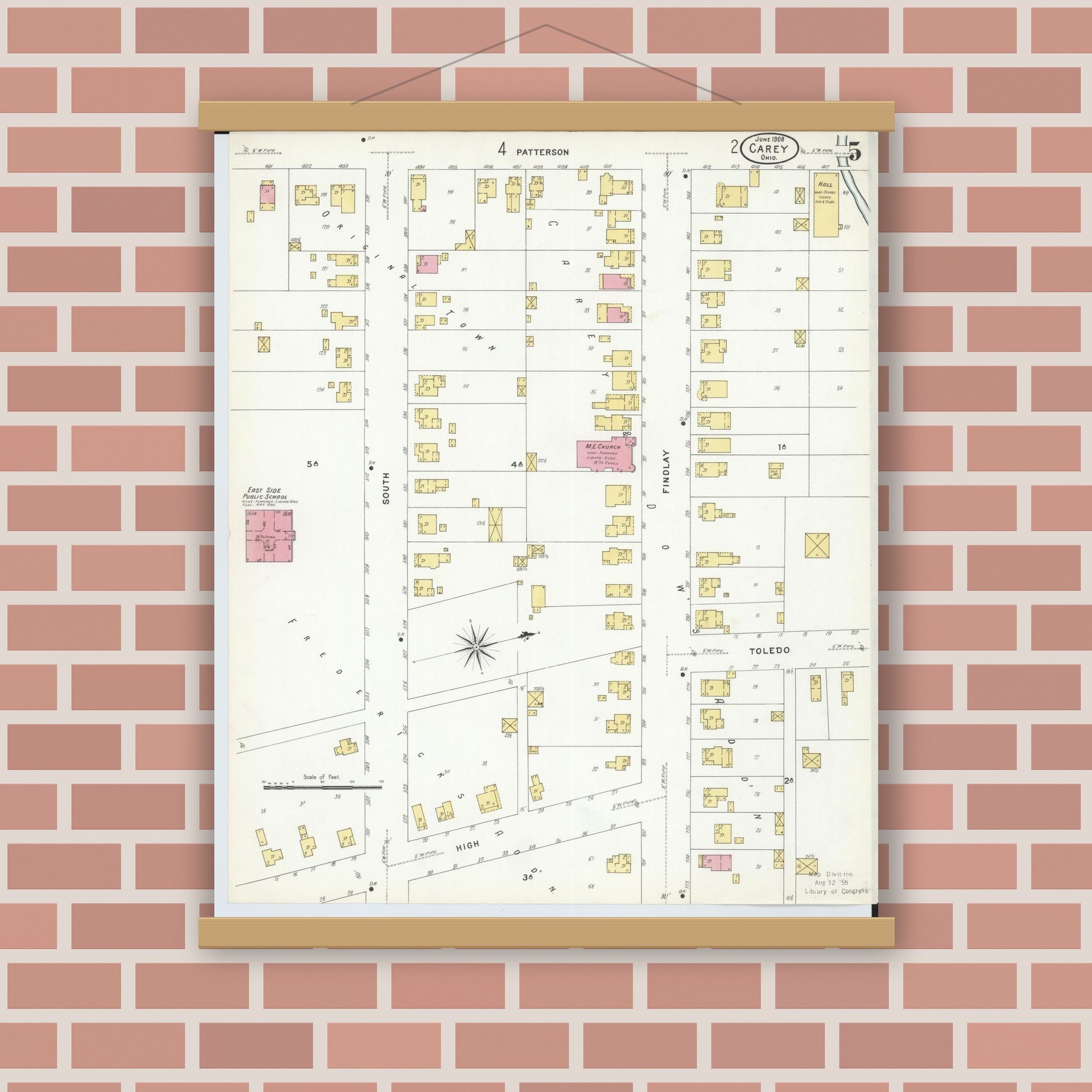 Old map wall art mockup — magnetic wood frame on brick wall — Sanborn Fire Insurance Map from Carey, Wyandot County, Ohio (1908), Sheet #0005