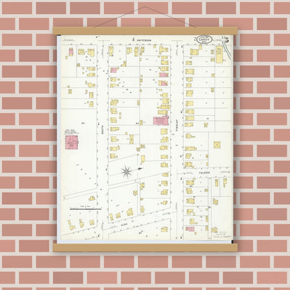 Old map wall art mockup — magnetic wood frame on brick wall — Sanborn Fire Insurance Map from Carey, Wyandot County, Ohio (1908), Sheet #0005