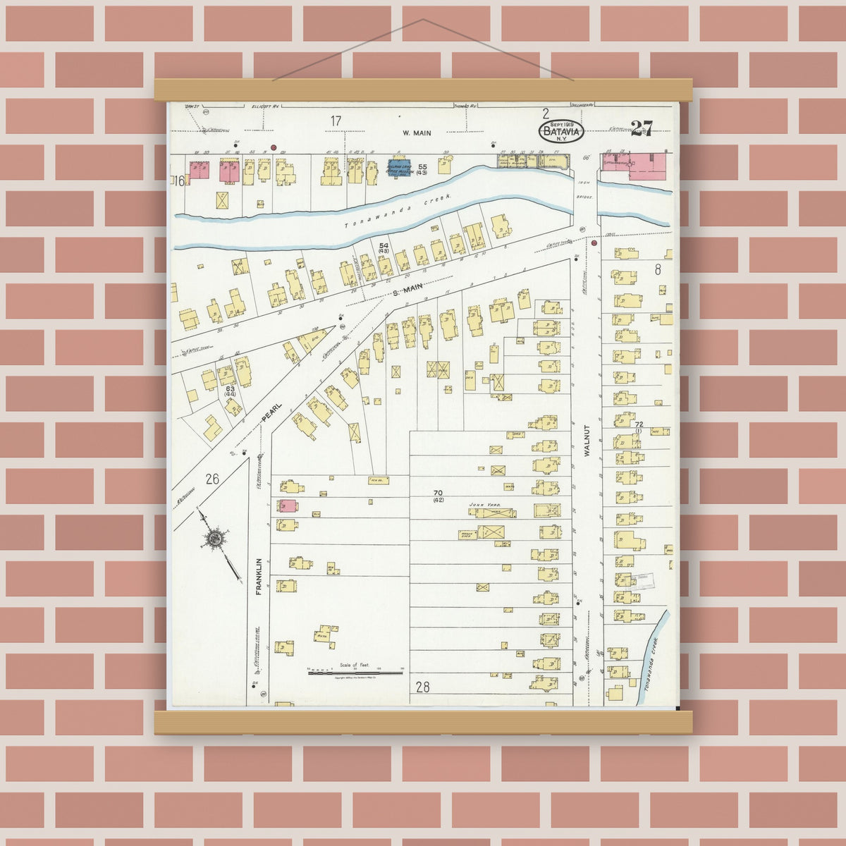 Old map wall art mockup — magnetic wood frame on brick wall — Sanborn Fire Insurance Map from Batavia, Genesee County, New York (1919), Sheet #0027