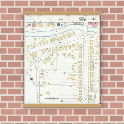 Old map wall art mockup — magnetic wood frame on brick wall — Sanborn Fire Insurance Map from Batavia, Genesee County, New York (1919), Sheet #0027