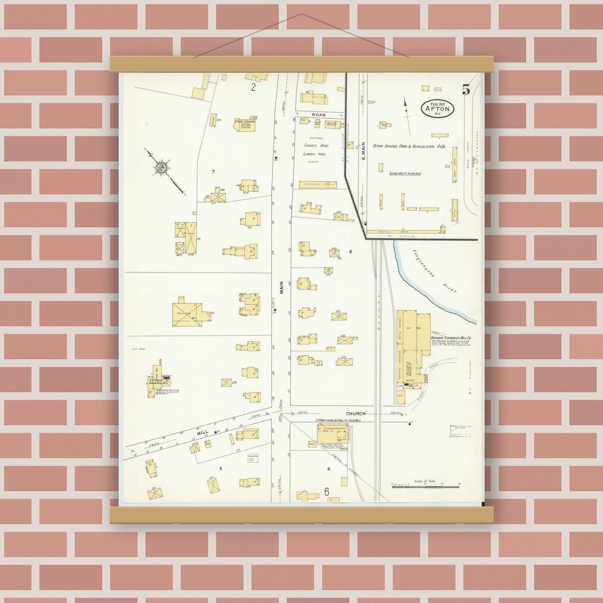 Old map wall art mockup — magnetic wood frame on brick wall — Sanborn Fire Insurance Map from Afton, Chenango County, New York (1912), Sheet #0005