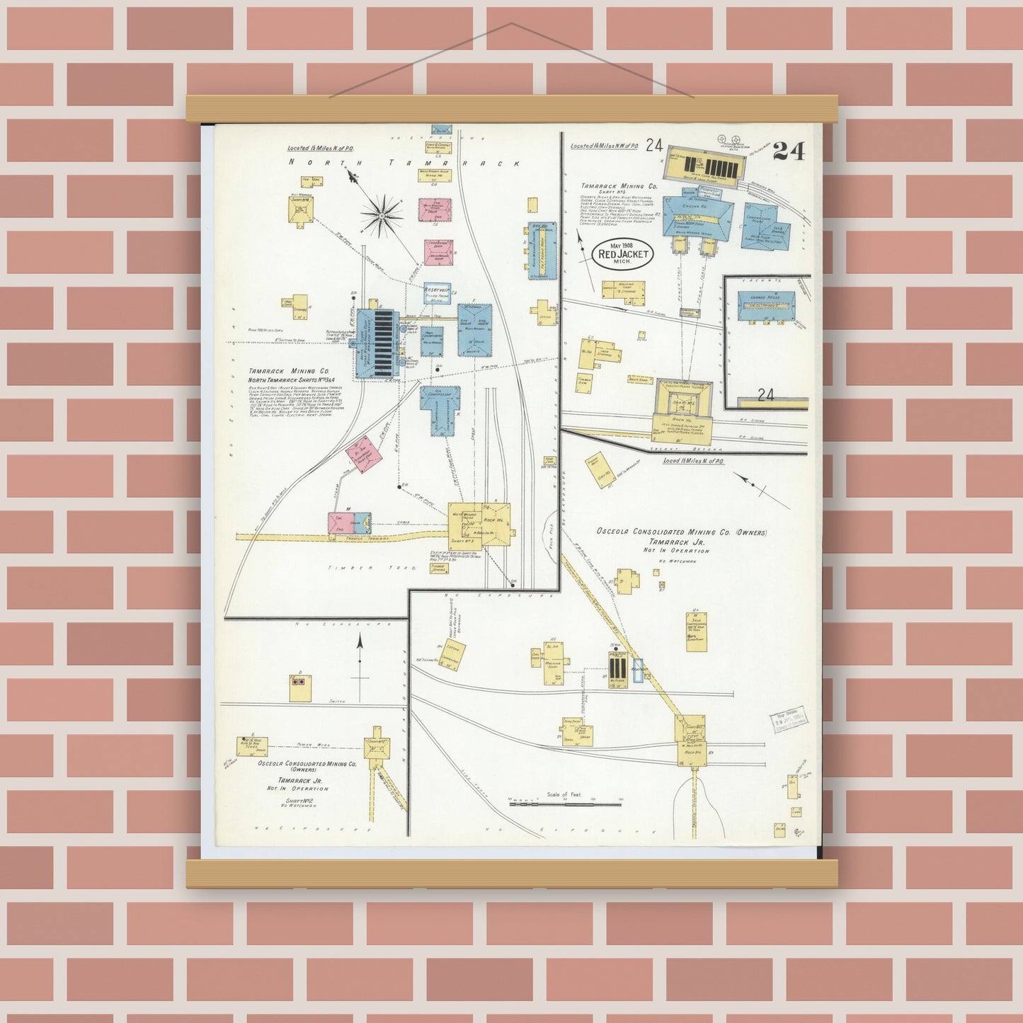 Old map wall art mockup — magnetic wood frame on brick wall — Sanborn Fire Insurance Map from Red Jacket, Houghton County, Michigan (1908), Sheet #0024