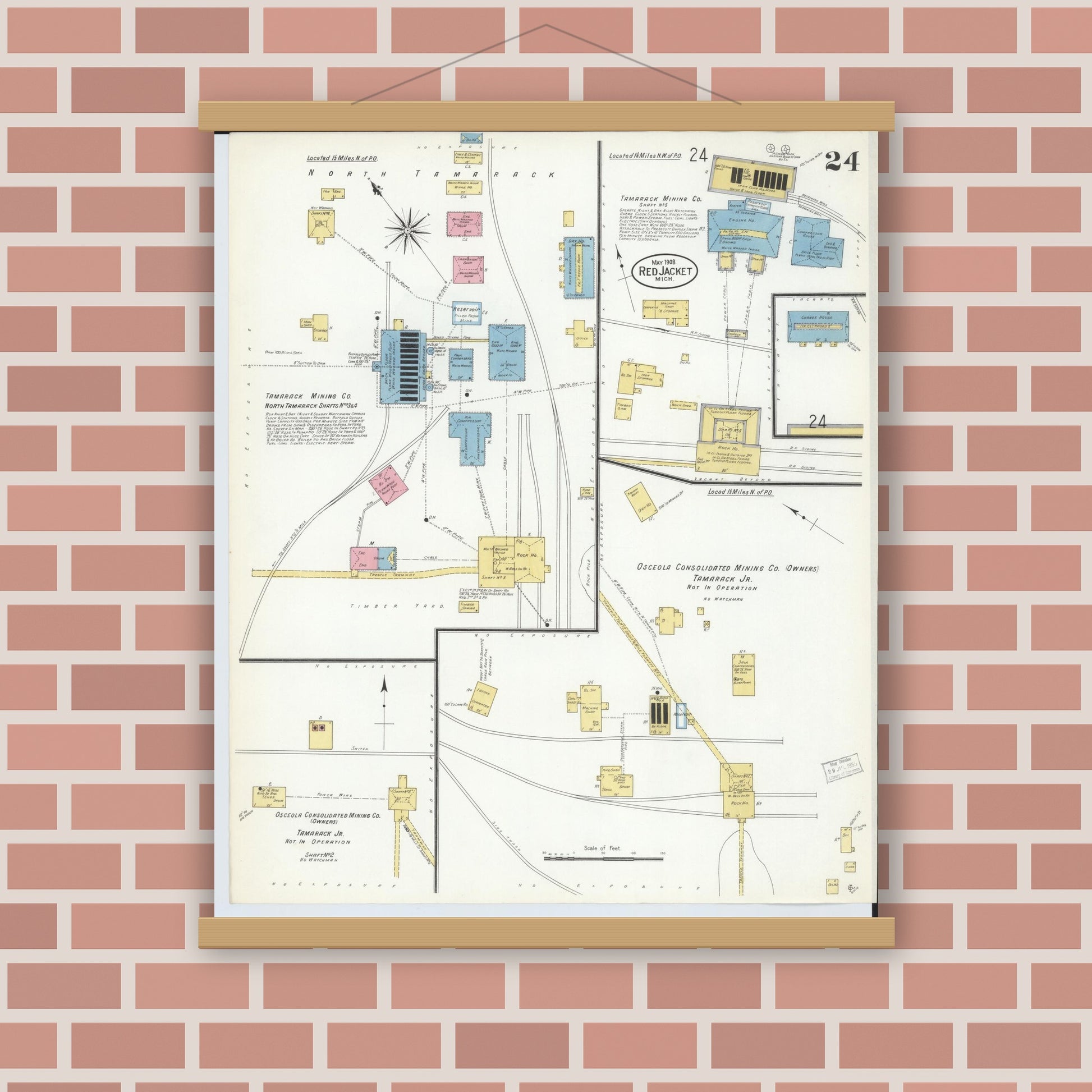 Old map wall art mockup — magnetic wood frame on brick wall — Sanborn Fire Insurance Map from Red Jacket, Houghton County, Michigan (1908), Sheet #0024