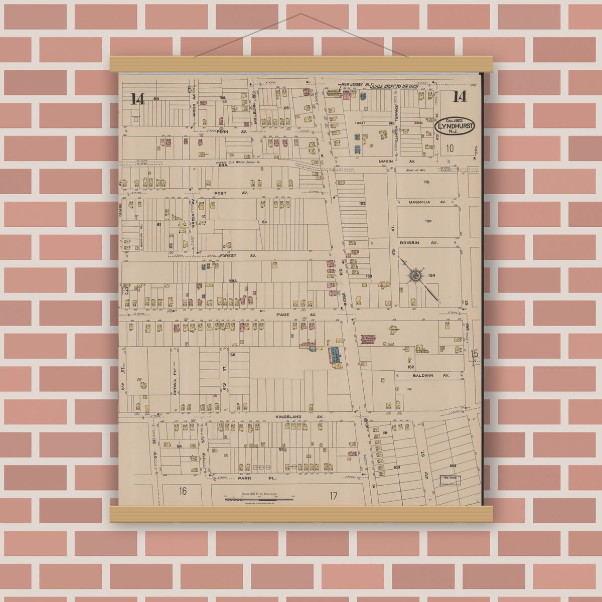 Old map wall art mockup — magnetic wood frame on brick wall — Sanborn Fire Insurance Map from Lyndhurst, Bergen County, New Jersey (1922), Sheet #0014