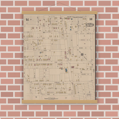 Old map wall art mockup — magnetic wood frame on brick wall — Sanborn Fire Insurance Map from Lyndhurst, Bergen County, New Jersey (1922), Sheet #0014