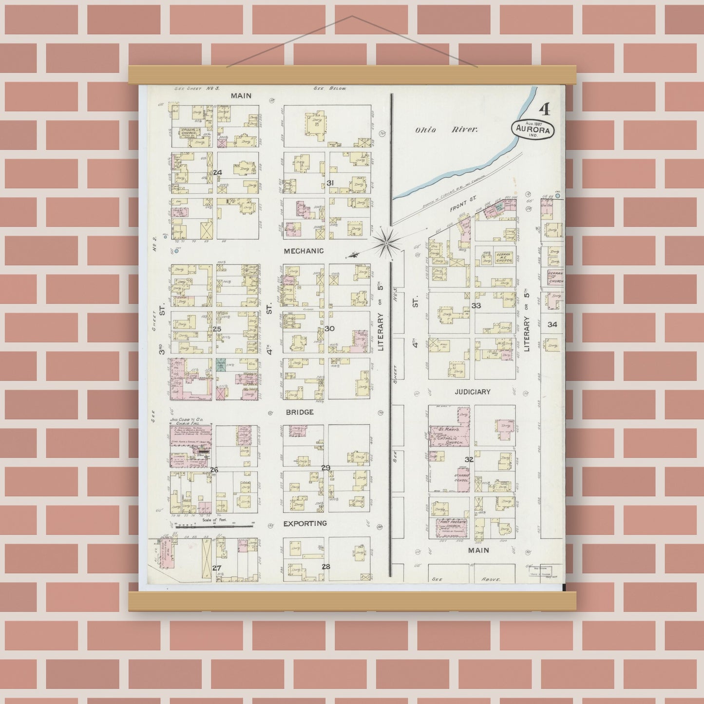 Old map wall art mockup — magnetic wood frame on brick wall — Sanborn Fire Insurance Map from Aurora, Dearborn County, Indiana (1887), Sheet #0004