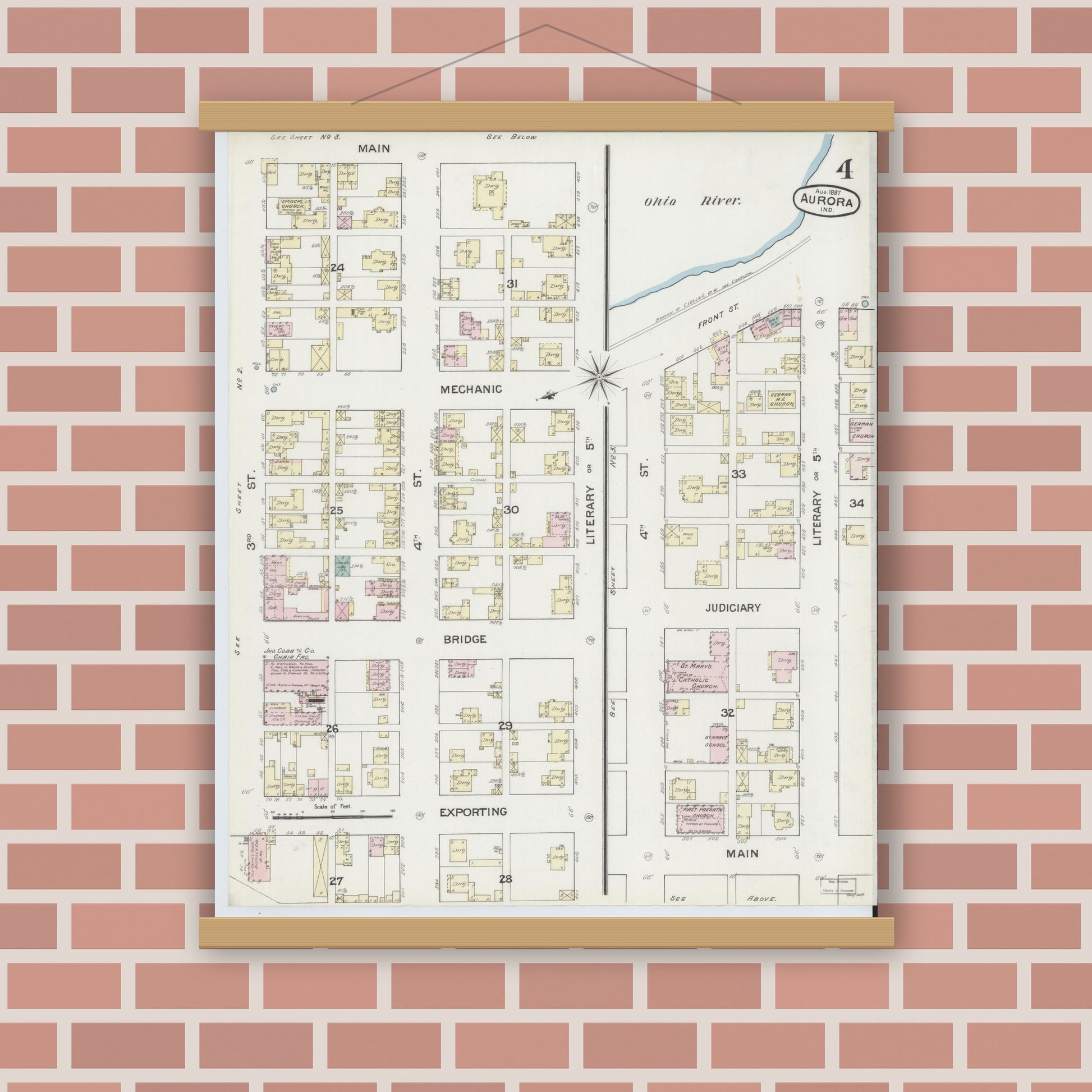 Old map wall art mockup — magnetic wood frame on brick wall — Sanborn Fire Insurance Map from Aurora, Dearborn County, Indiana (1887), Sheet #0004