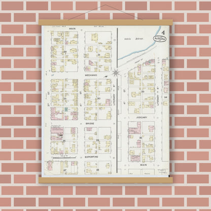 Old map wall art mockup — magnetic wood frame on brick wall — Sanborn Fire Insurance Map from Aurora, Dearborn County, Indiana (1887), Sheet #0004