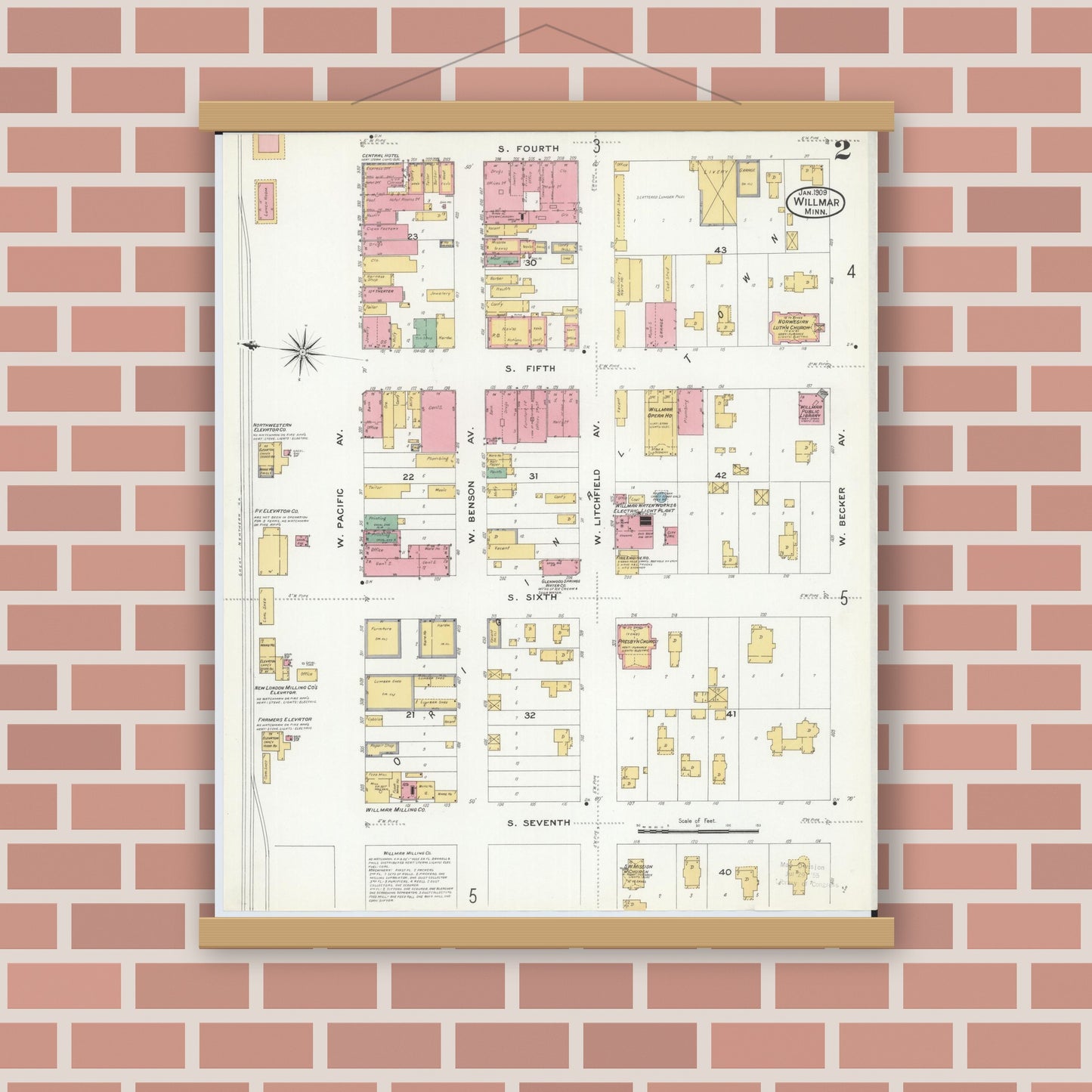 Old map wall art mockup — magnetic wood frame on brick wall — Sanborn Fire Insurance Map from Willmar, Kandiyohi County, Minnesota (1909), Sheet #0002