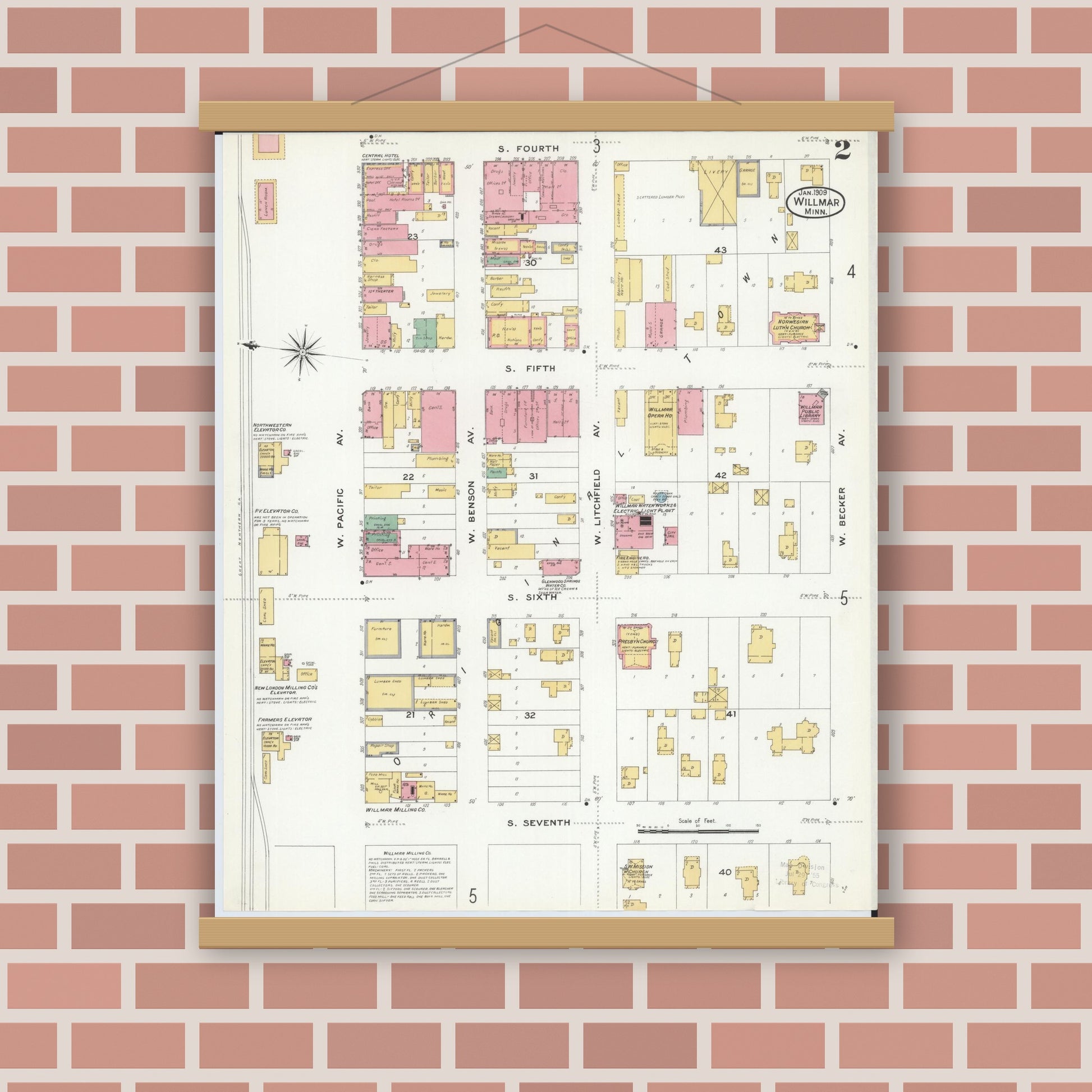 Old map wall art mockup — magnetic wood frame on brick wall — Sanborn Fire Insurance Map from Willmar, Kandiyohi County, Minnesota (1909), Sheet #0002