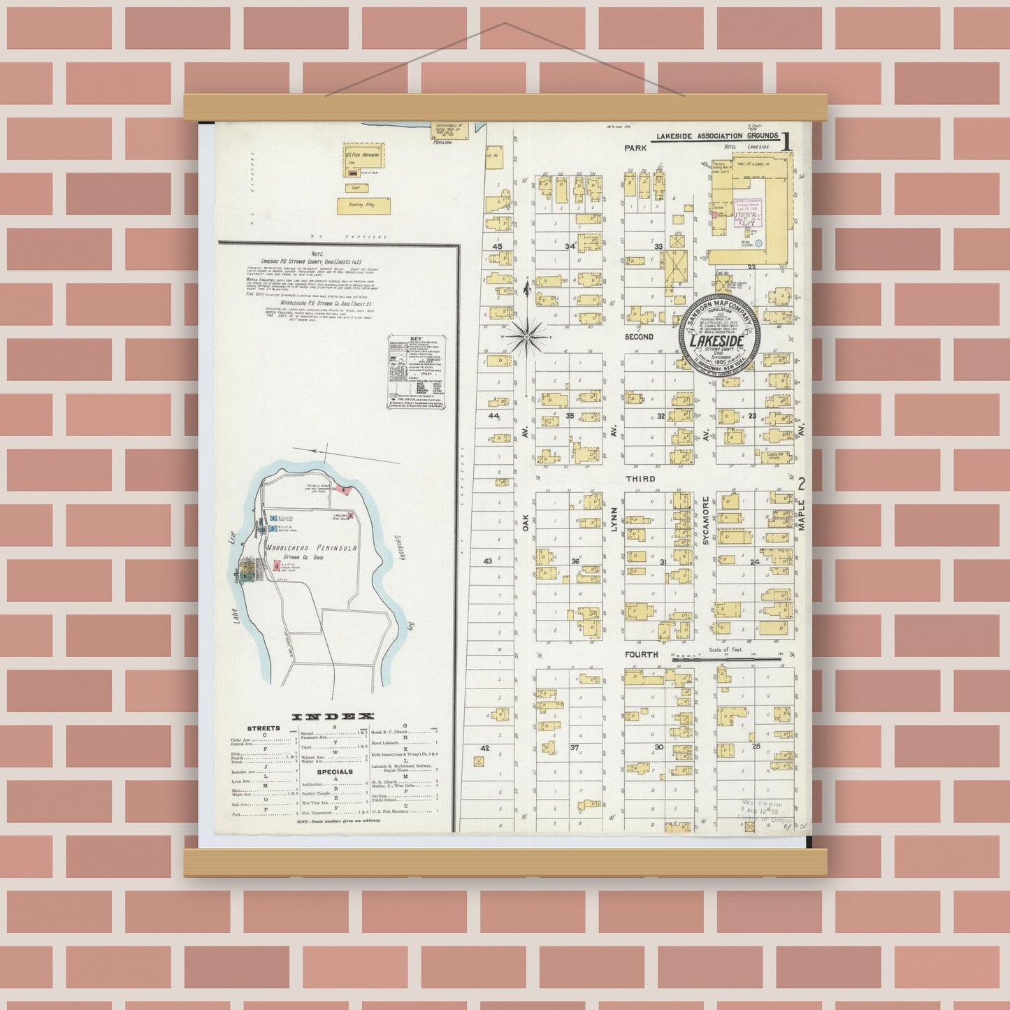Old map wall art mockup — magnetic wood frame on brick wall — Sanborn Fire Insurance Map from Lakeside, Ottawa County, Ohio (1905), Sheet #0001