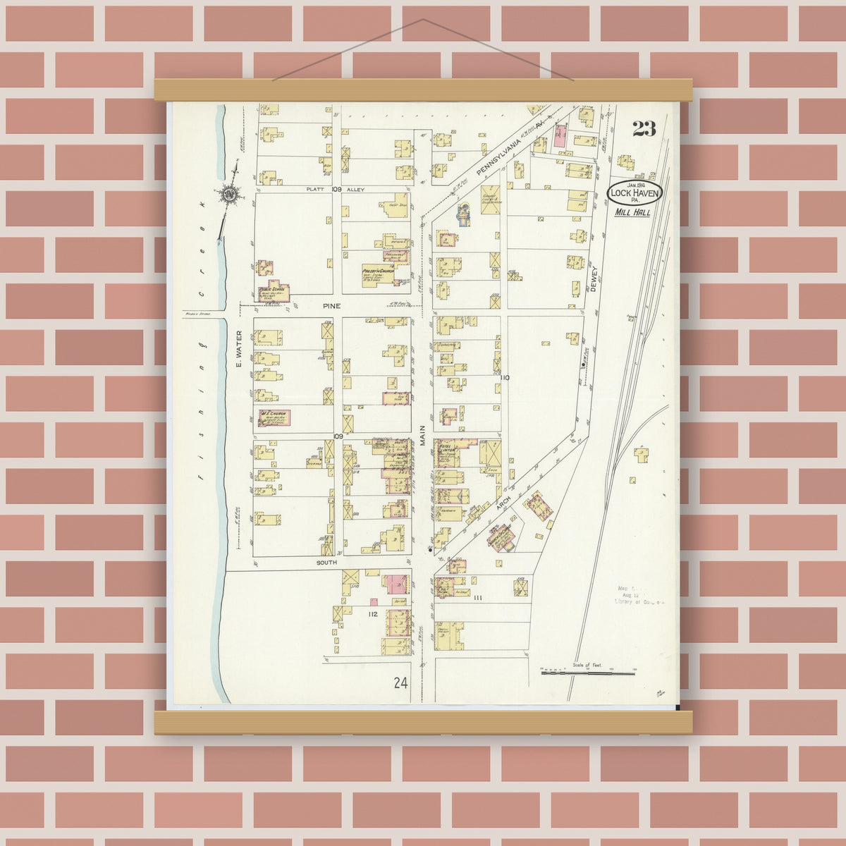 Old map wall art mockup — magnetic wood frame on brick wall — Sanborn Fire Insurance Map from Lock Haven, Clinton County, Pennsylvania (1914), Sheet #0023