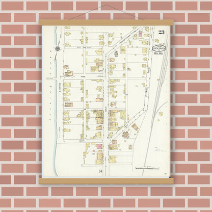 Old map wall art mockup — magnetic wood frame on brick wall — Sanborn Fire Insurance Map from Lock Haven, Clinton County, Pennsylvania (1914), Sheet #0023
