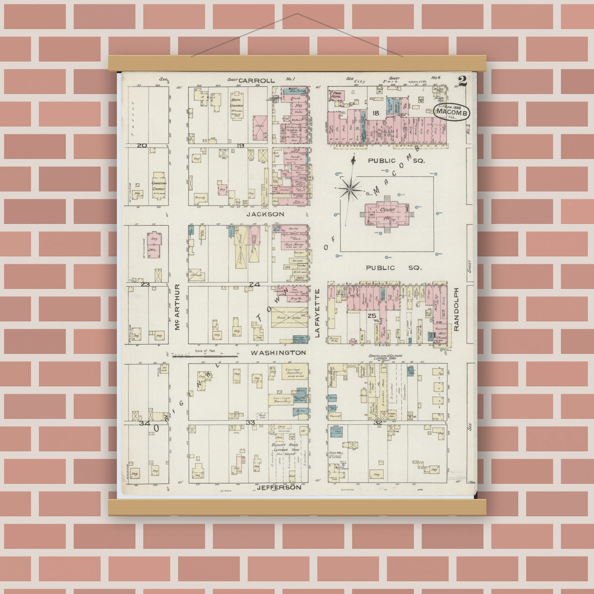 Old map wall art mockup — magnetic wood frame on brick wall — Sanborn Fire Insurance Map from Macomb, Mcdonough County, Illinois (1886), Sheet #0002