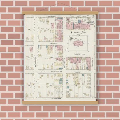 Old map wall art mockup — magnetic wood frame on brick wall — Sanborn Fire Insurance Map from Macomb, Mcdonough County, Illinois (1886), Sheet #0002