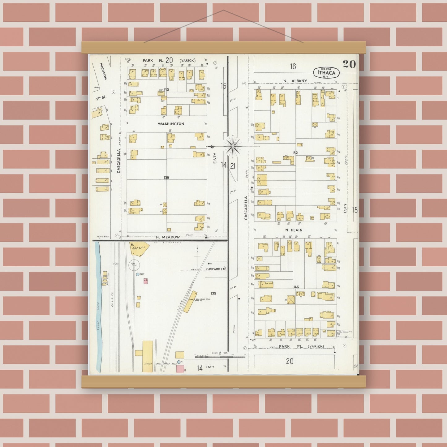 Old map wall art mockup — magnetic wood frame on brick wall — Sanborn Fire Insurance Map from Ithaca, Tompkins County, New York (1904), Sheet #0020