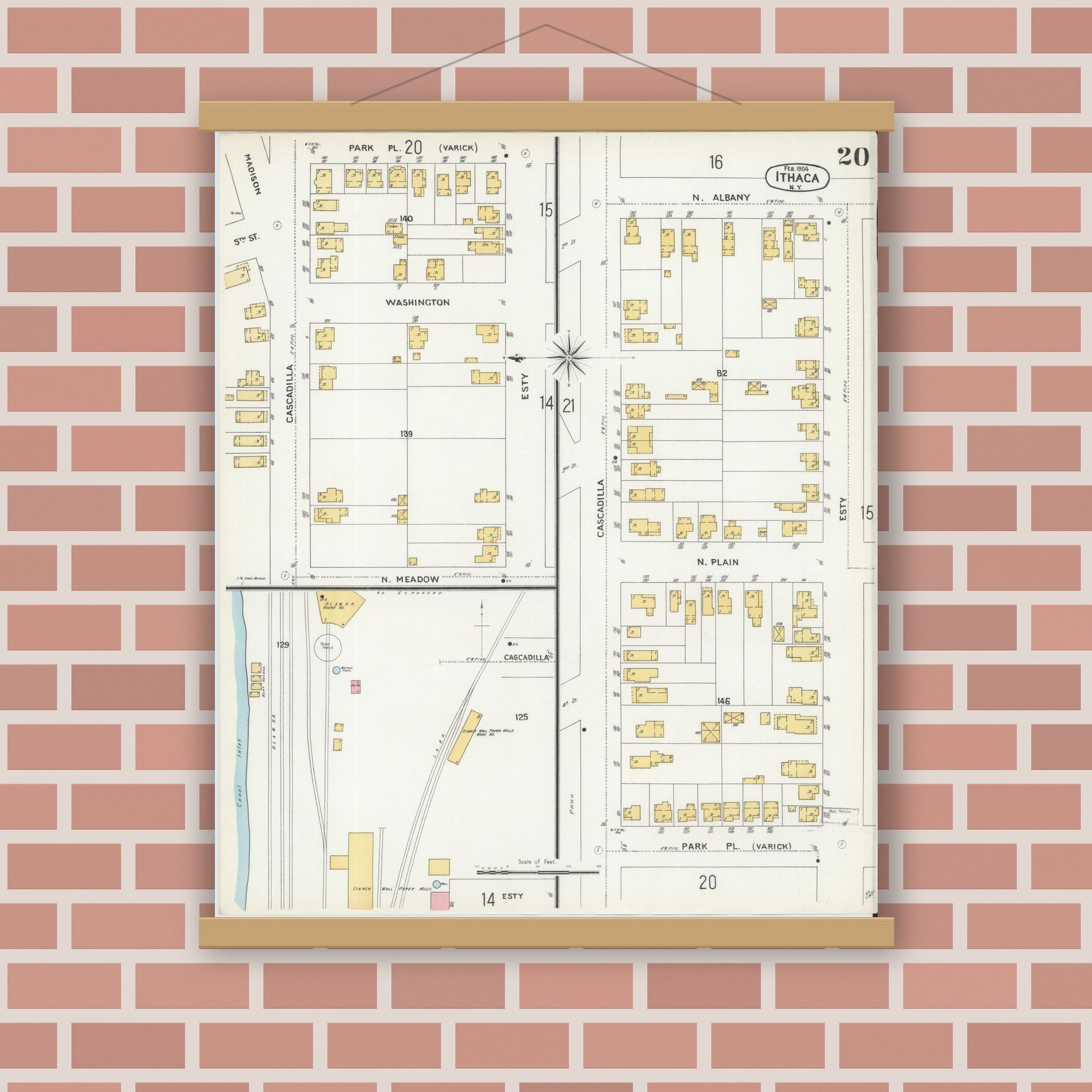 Old map wall art mockup — magnetic wood frame on brick wall — Sanborn Fire Insurance Map from Ithaca, Tompkins County, New York (1904), Sheet #0020
