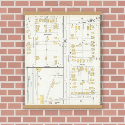 Old map wall art mockup — magnetic wood frame on brick wall — Sanborn Fire Insurance Map from Ithaca, Tompkins County, New York (1904), Sheet #0020