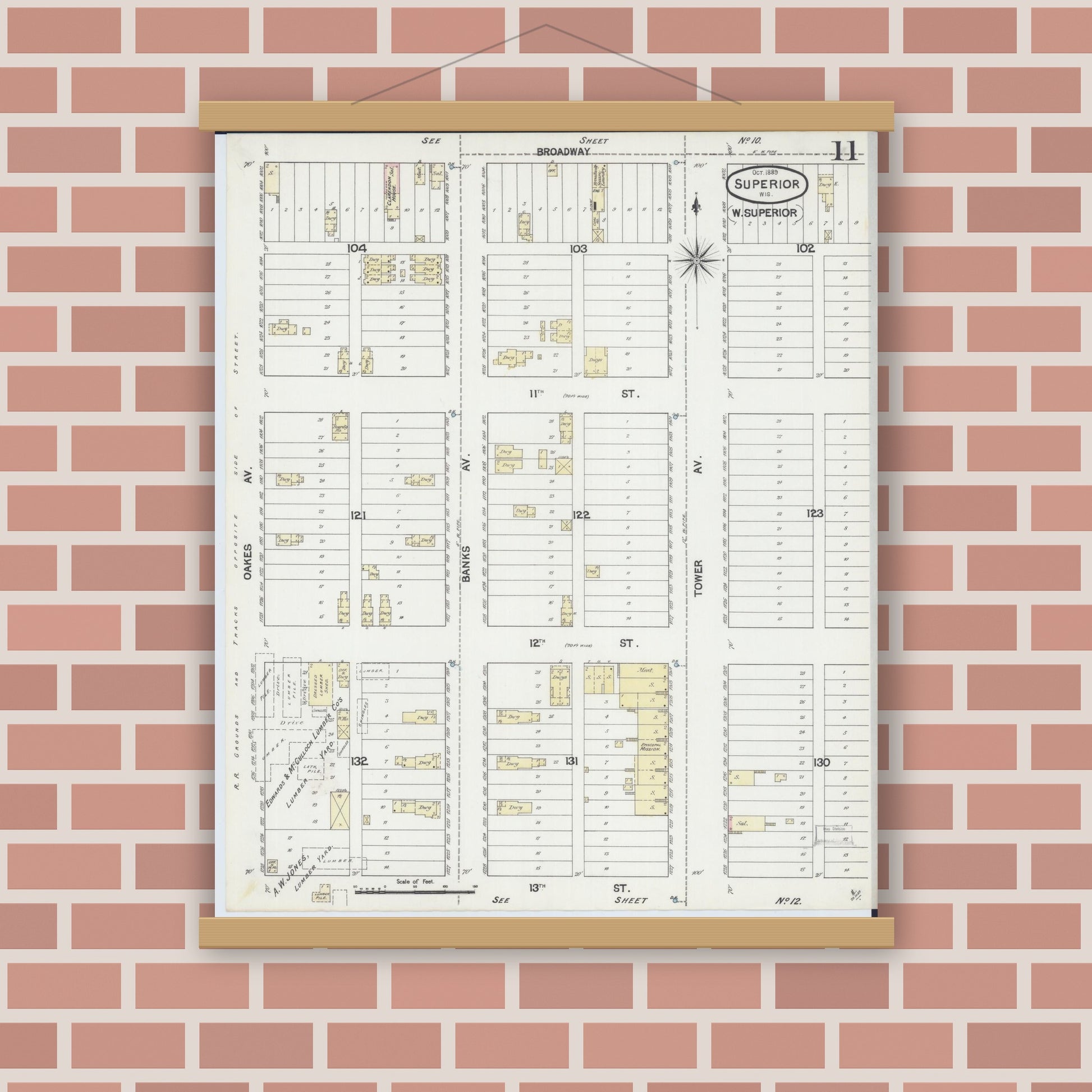 Old map wall art mockup — magnetic wood frame on brick wall — Sanborn Fire Insurance Map from Superior, Douglas County, Wisconsin (1889), Sheet #0011