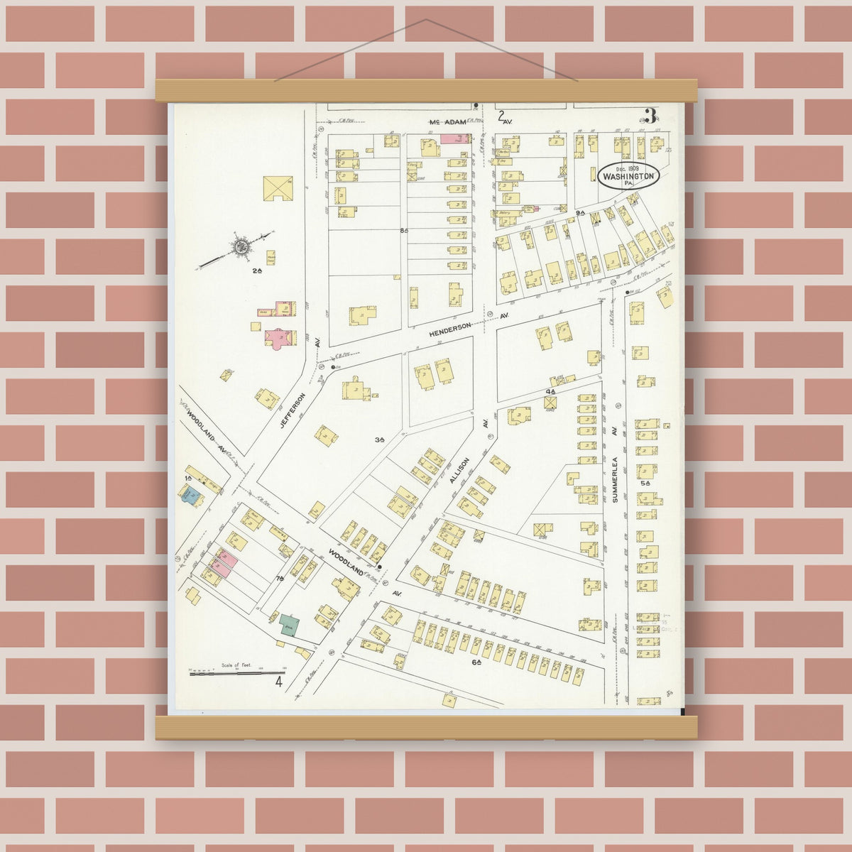 Old map wall art mockup — magnetic wood frame on brick wall — Sanborn Fire Insurance Map from Washington, Washington County, Pennsylvania (1909), Sheet #0003