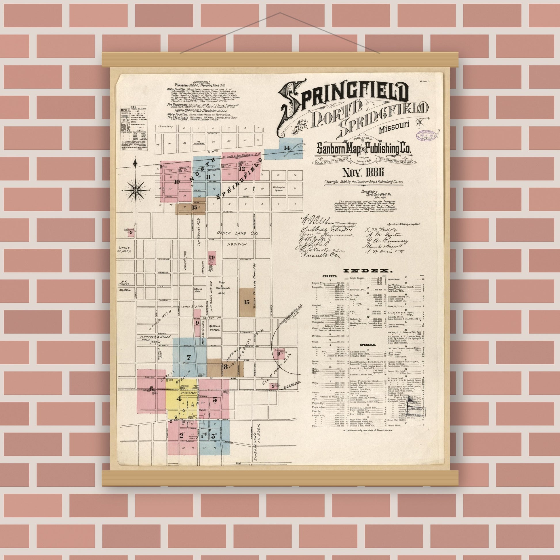 Old map wall art mockup — magnetic wood frame on brick wall — Sanborn Fire Insurance Map from Springfield, Greene County, Missouri (1886), Sheet #0001