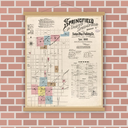 Old map wall art mockup — magnetic wood frame on brick wall — Sanborn Fire Insurance Map from Springfield, Greene County, Missouri (1886), Sheet #0001
