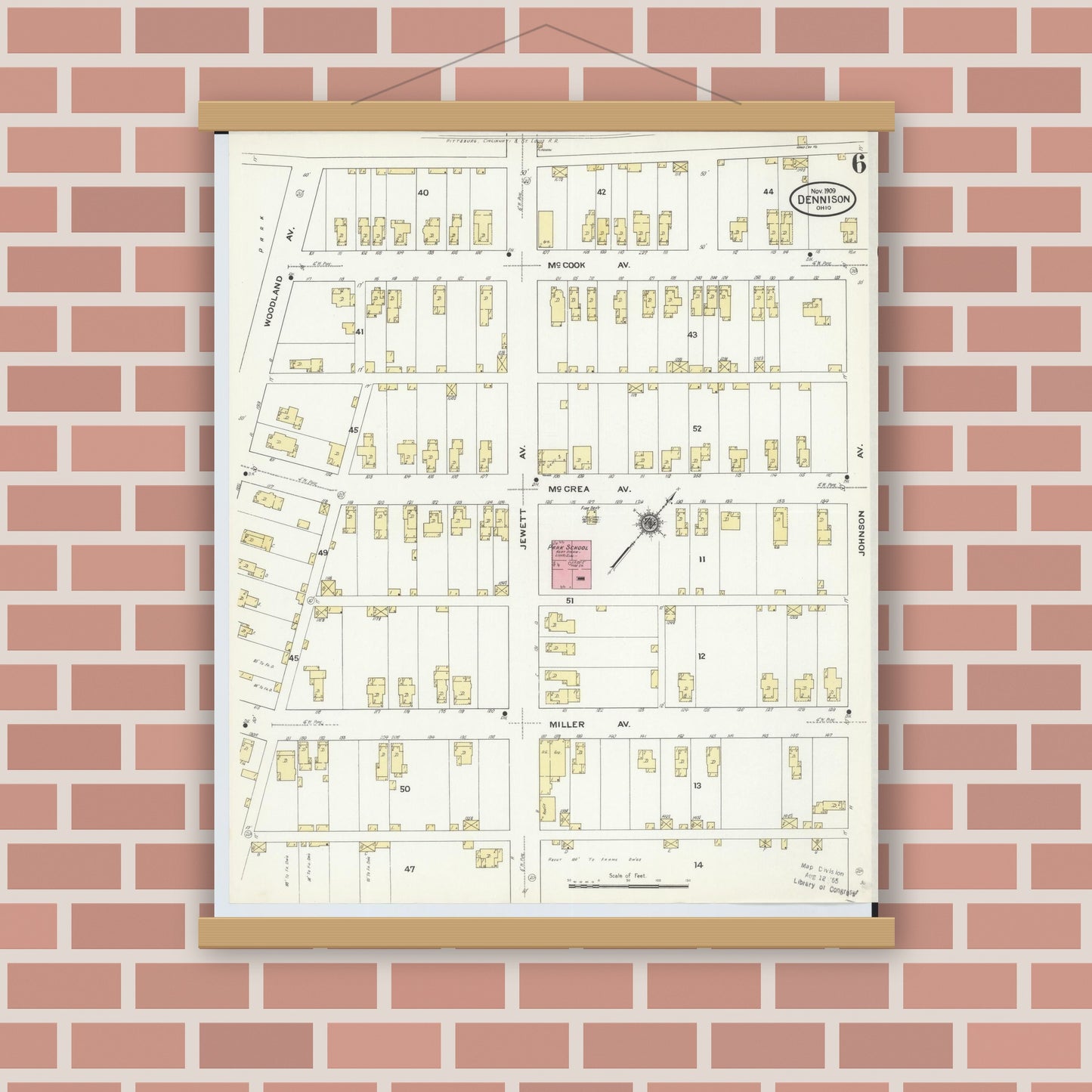 Old map wall art mockup — magnetic wood frame on brick wall — Sanborn Fire Insurance Map from Dennison, Tuscarawas County, Ohio (1909), Sheet #0006
