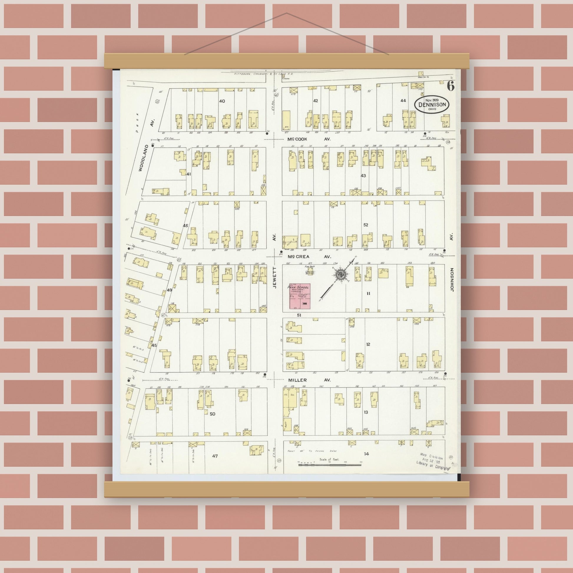 Old map wall art mockup — magnetic wood frame on brick wall — Sanborn Fire Insurance Map from Dennison, Tuscarawas County, Ohio (1909), Sheet #0006