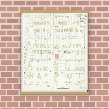 Old map wall art mockup — magnetic wood frame on brick wall — Sanborn Fire Insurance Map from Dennison, Tuscarawas County, Ohio (1909), Sheet #0006