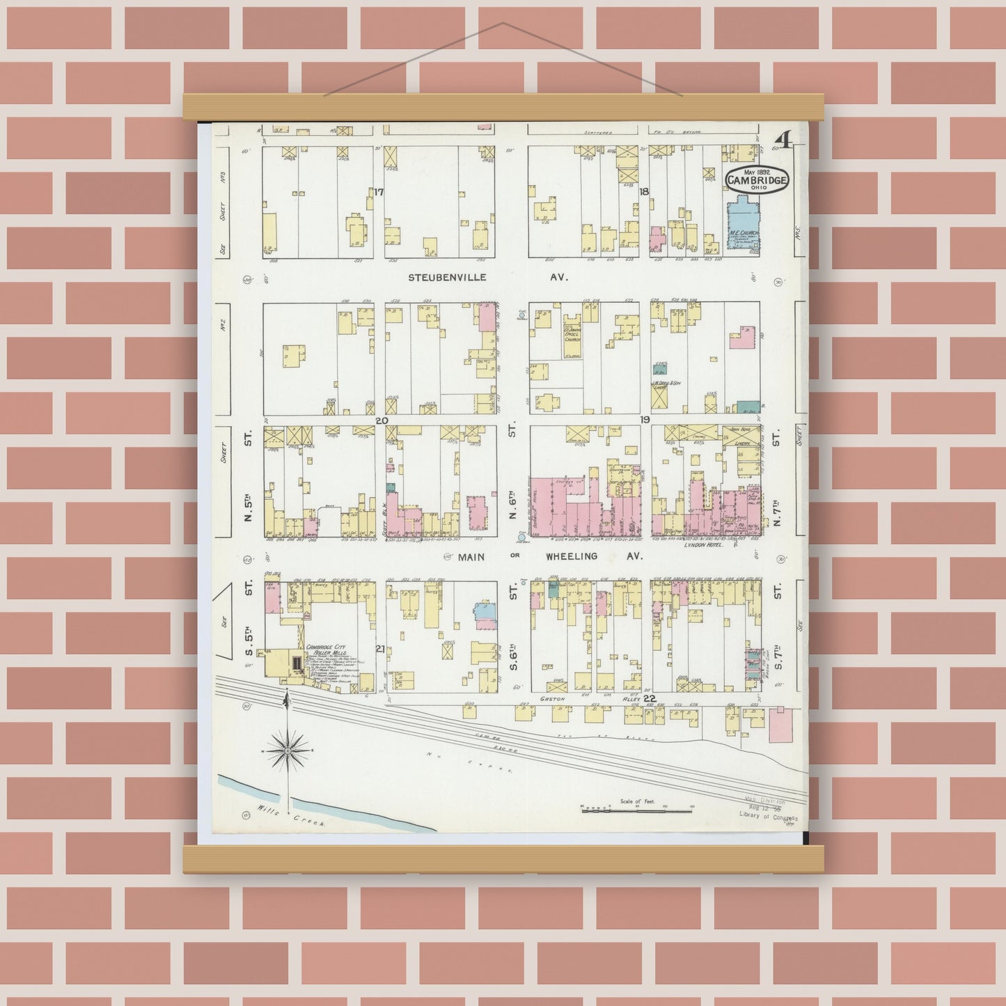 Old map wall art mockup — magnetic wood frame on brick wall — Sanborn Fire Insurance Map from Cambridge, Guernsey County, Ohio (1892), Sheet #0004