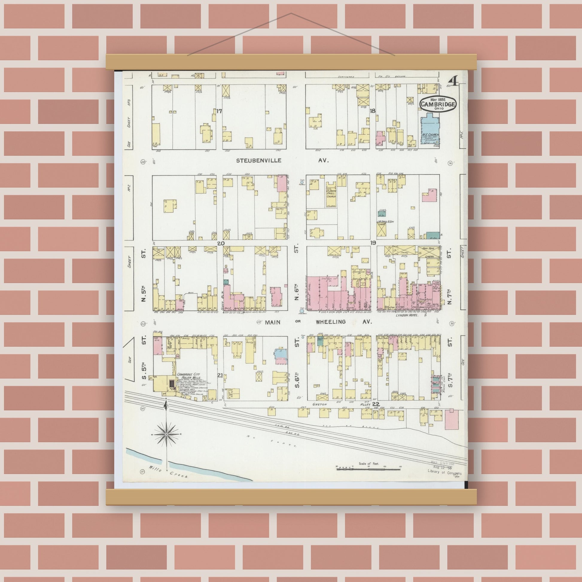 Old map wall art mockup — magnetic wood frame on brick wall — Sanborn Fire Insurance Map from Cambridge, Guernsey County, Ohio (1892), Sheet #0004
