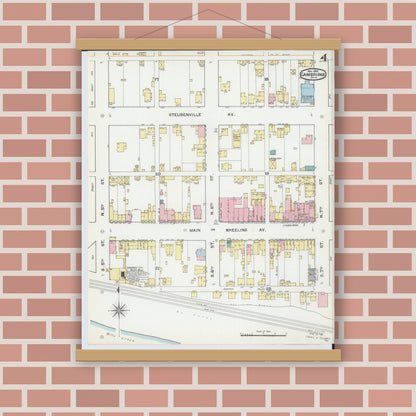 Old map wall art mockup — magnetic wood frame on brick wall — Sanborn Fire Insurance Map from Cambridge, Guernsey County, Ohio (1892), Sheet #0004