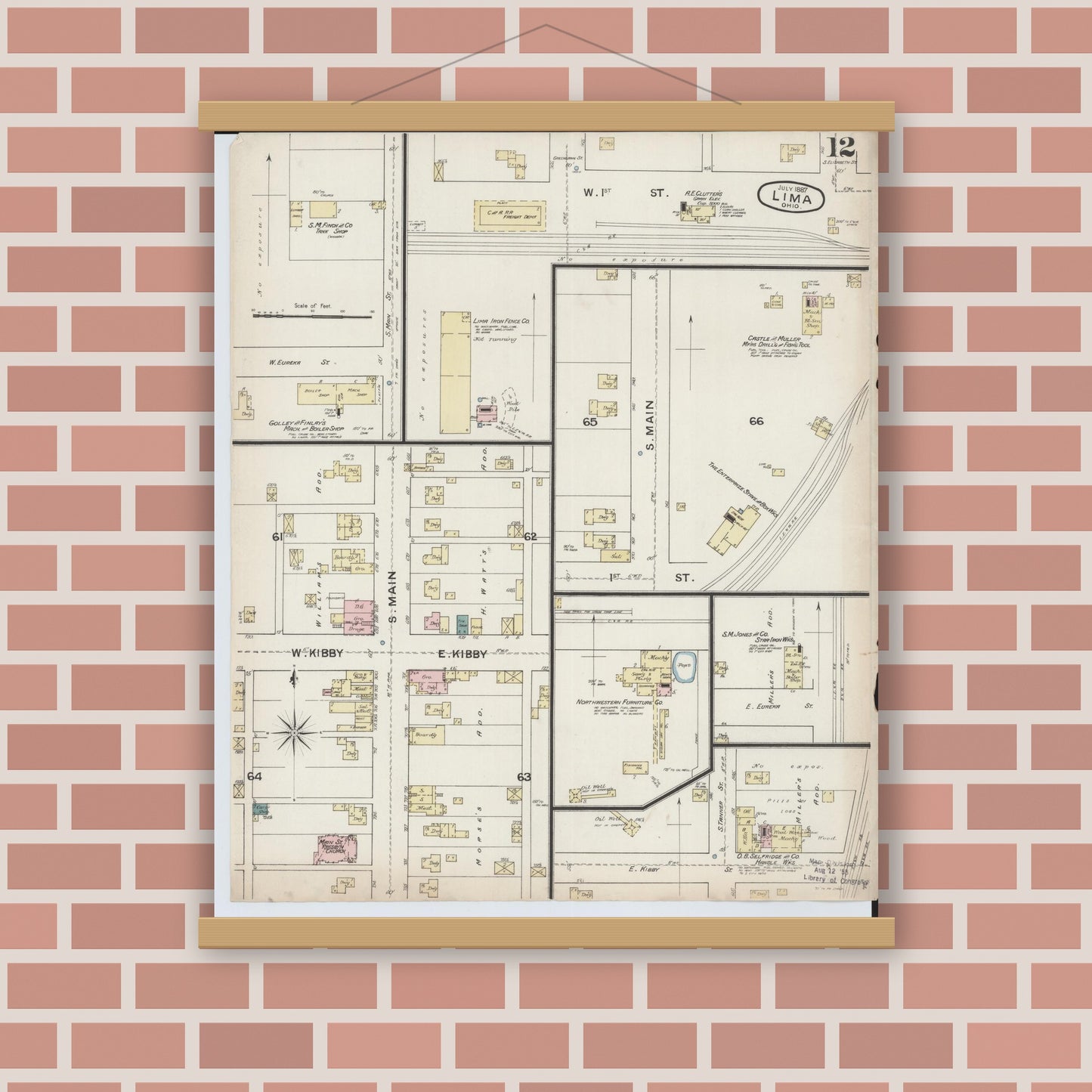 Old map wall art mockup — magnetic wood frame on brick wall — Sanborn Fire Insurance Map from Lima, Allen County, Ohio (1887), Sheet #0012